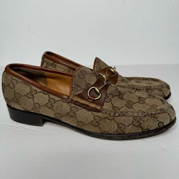 VINTAGE GUCCI BROWN GG MONOGRAM CANVAS LOAFERS - Picture 1 of 8